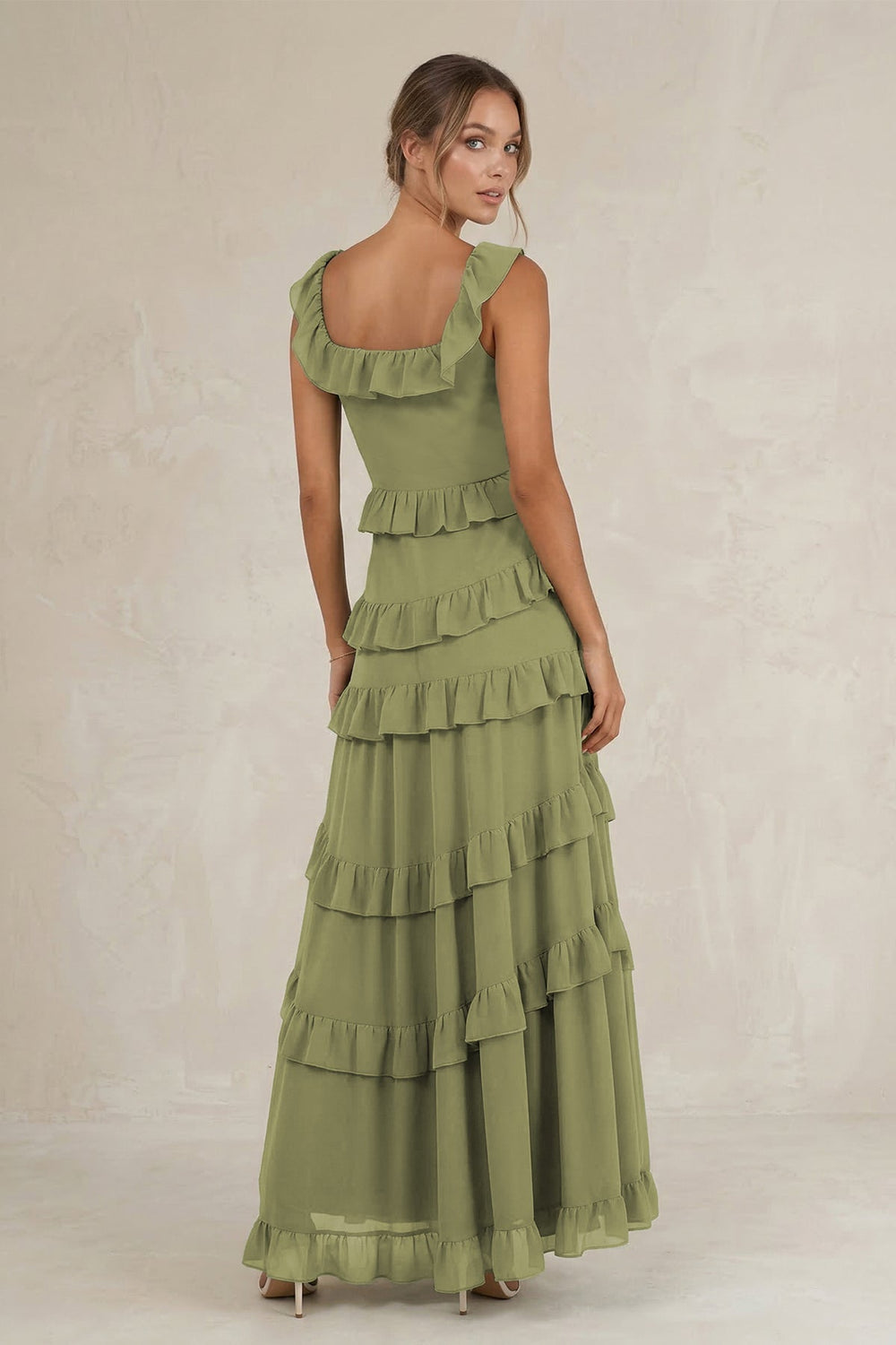 Tiered Square Neck Ruffled A - Line Bridesmaid Dress in Moss Green - SHE IS ME Bridesmaid Dresses