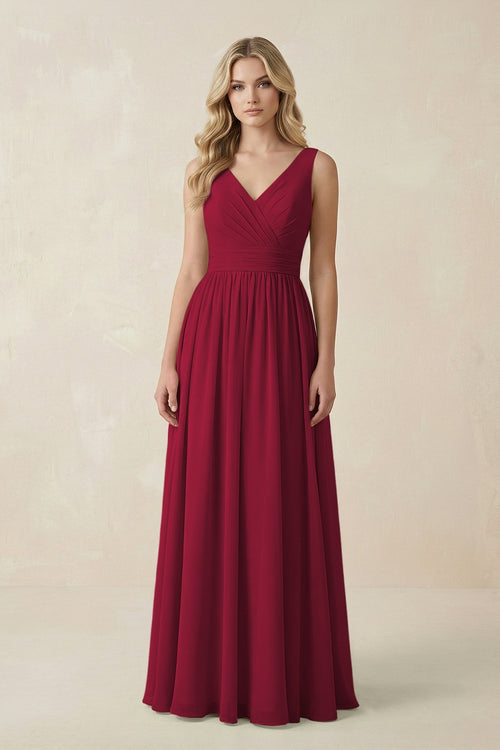 V - Neck A - Line Bridesmaid Dress with Back Bow in Berry - SHE IS ME Bridesmaid Dresses