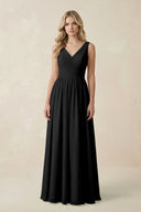 V - Neck A - Line Bridesmaid Dress with Back Bow in Black - SHE IS ME Bridesmaid Dresses