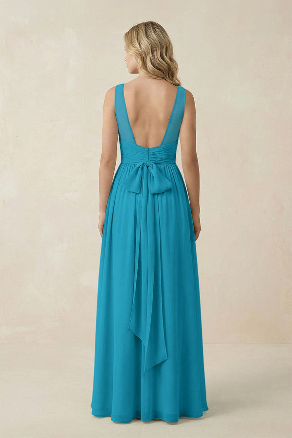 V - Neck A - Line Bridesmaid Dress with Back Bow in Blue Jay - SHE IS ME Bridesmaid Dresses