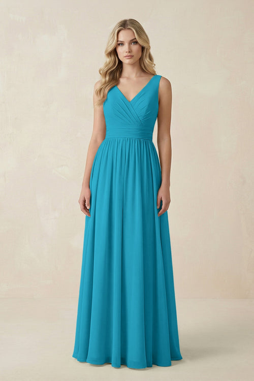 V - Neck A - Line Bridesmaid Dress with Back Bow in Blue Jay - SHE IS ME Bridesmaid Dresses