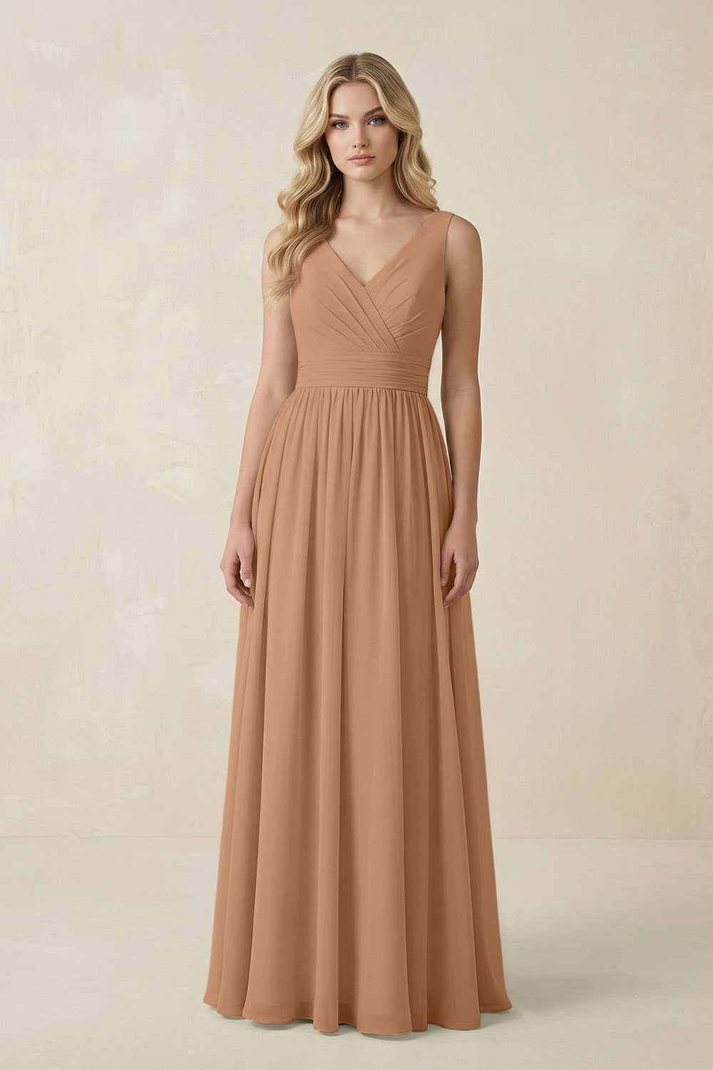 V - Neck A - Line Bridesmaid Dress with Back Bow in Bronzer - SHE IS ME Bridesmaid Dresses