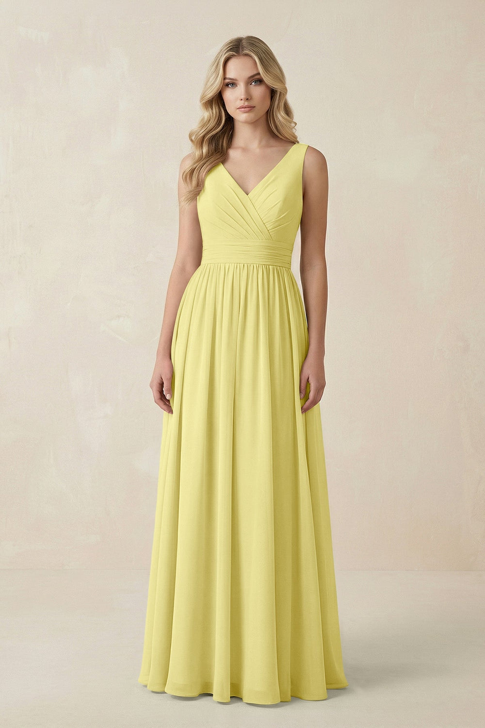 V - Neck A - Line Bridesmaid Dress with Back Bow in Buttercup - SHE IS ME Bridesmaid Dresses