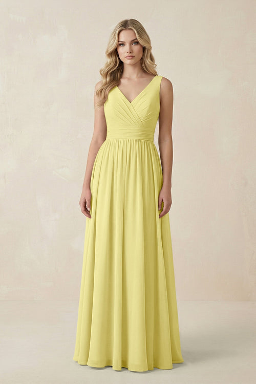 V - Neck A - Line Bridesmaid Dress with Back Bow in Buttercup - SHE IS ME Bridesmaid Dresses