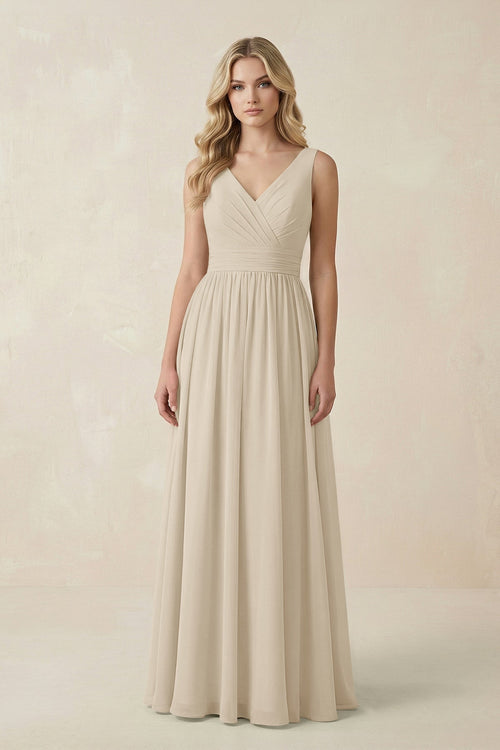 V - Neck A - Line Bridesmaid Dress with Back Bow in Champagne - SHE IS ME Bridesmaid Dresses