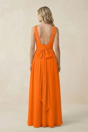 V - Neck A - Line Bridesmaid Dress with Back Bow in Cinnamon - SHE IS ME Bridesmaid Dresses