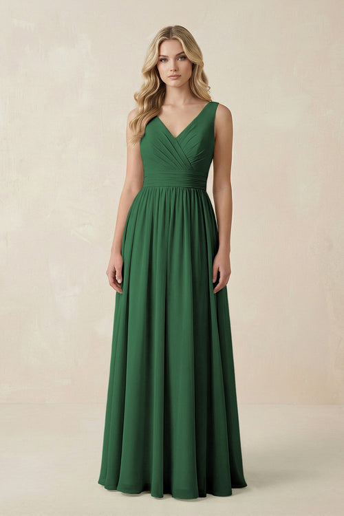 V - Neck A - Line Bridesmaid Dress with Back Bow in Dark Green - SHE IS ME Bridesmaid Dresses