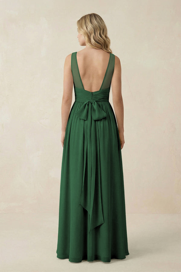 V - Neck A - Line Bridesmaid Dress with Back Bow in Dark Green - SHE IS ME Bridesmaid Dresses