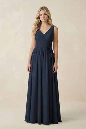 V - Neck A - Line Bridesmaid Dress with Back Bow in Dark Navy - SHE IS ME Bridesmaid Dresses