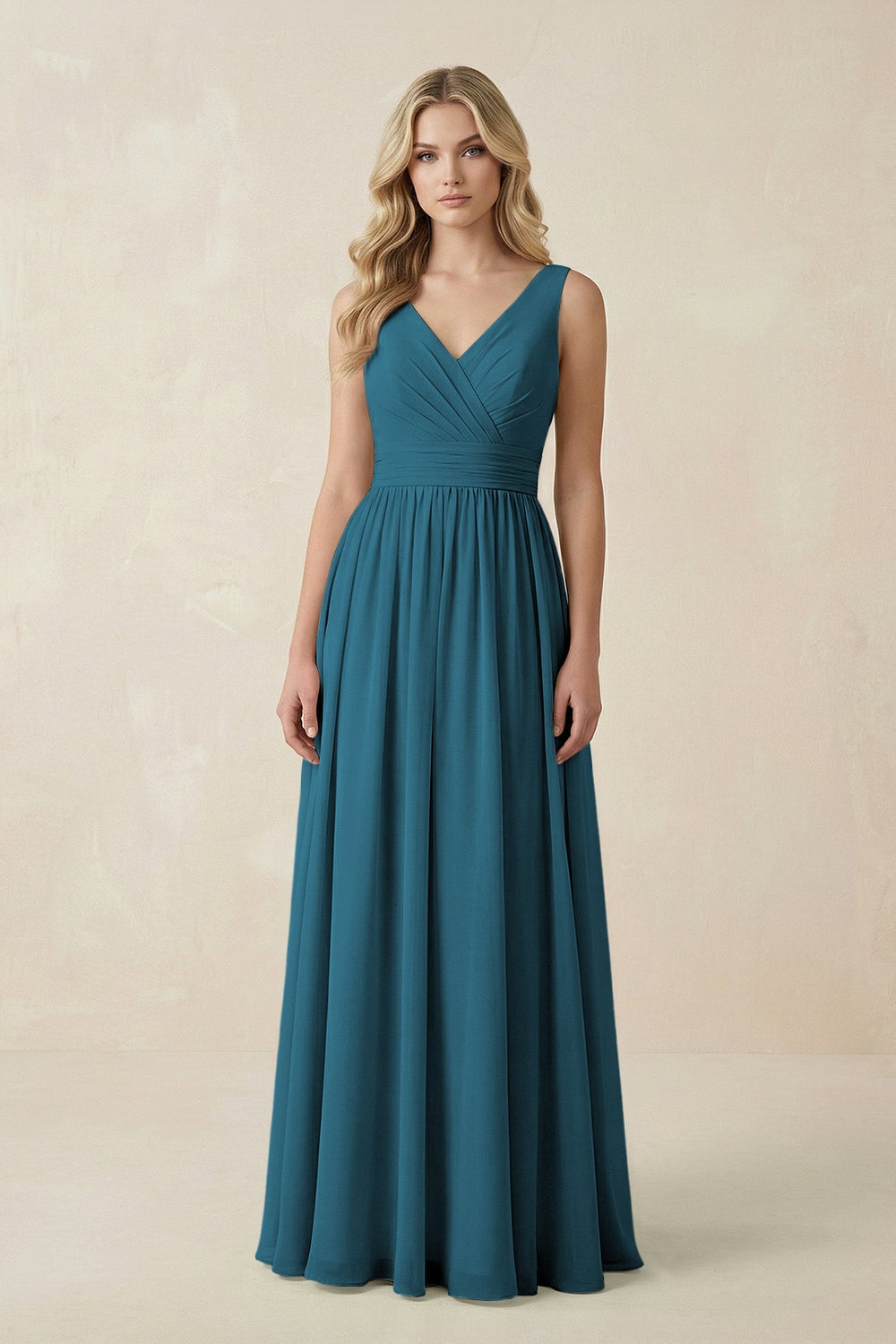 V - Neck A - Line Bridesmaid Dress with Back Bow in Dark Teal - SHE IS ME Bridesmaid Dresses