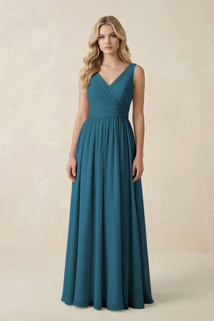 V - Neck A - Line Bridesmaid Dress with Back Bow in Dark Teal - SHE IS ME Bridesmaid Dresses