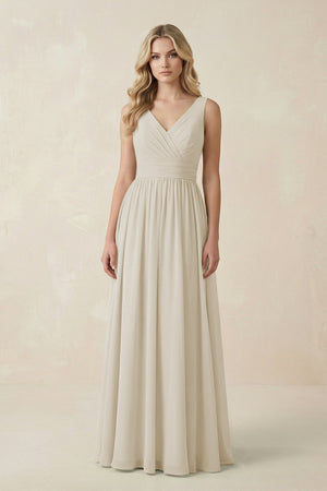 V - Neck A - Line Bridesmaid Dress with Back Bow in Dove Gray - SHE IS ME Bridesmaid Dresses