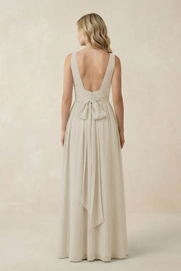 V - Neck A - Line Bridesmaid Dress with Back Bow in Dove Gray - SHE IS ME Bridesmaid Dresses