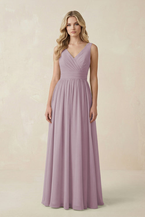 V - Neck A - Line Bridesmaid Dress with Back Bow in Dusk - SHE IS ME Bridesmaid Dresses