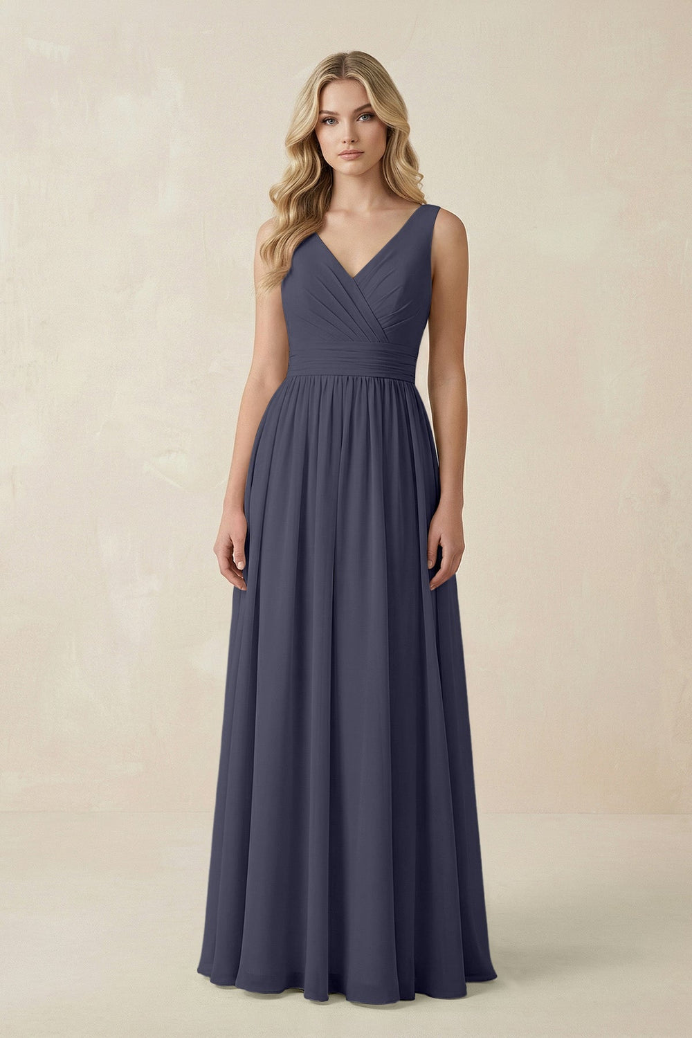 V - Neck A - Line Bridesmaid Dress with Back Bow in Dusk Blue - SHE IS ME Bridesmaid Dresses