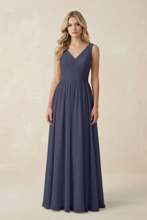 V - Neck A - Line Bridesmaid Dress with Back Bow in Dusk Blue - SHE IS ME Bridesmaid Dresses