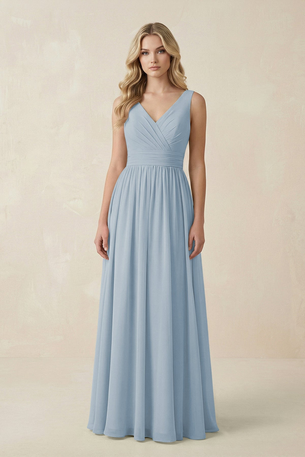V - Neck A - Line Bridesmaid Dress with Back Bow in Dusty Blue - SHE IS ME Bridesmaid Dresses