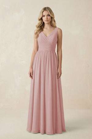 V - Neck A - Line Bridesmaid Dress with Back Bow in Dusty Rose - SHE IS ME Bridesmaid Dresses