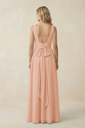 V - Neck A - Line Bridesmaid Dress with Back Bow in English Rose - SHE IS ME Bridesmaid Dresses