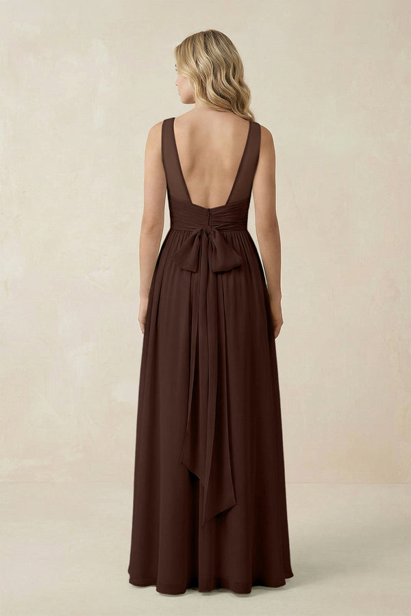 V - Neck A - Line Bridesmaid Dress with Back Bow in Espresso - SHE IS ME Bridesmaid Dresses