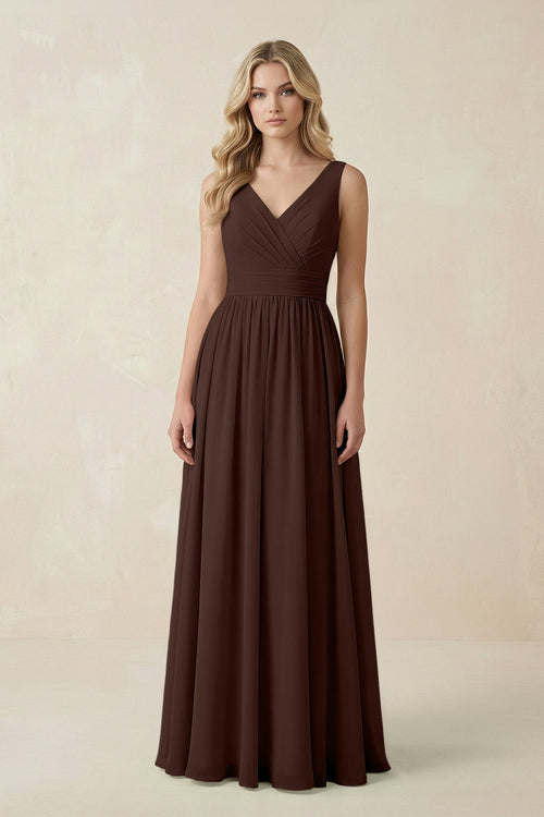 V - Neck A - Line Bridesmaid Dress with Back Bow in Espresso - SHE IS ME Bridesmaid Dresses