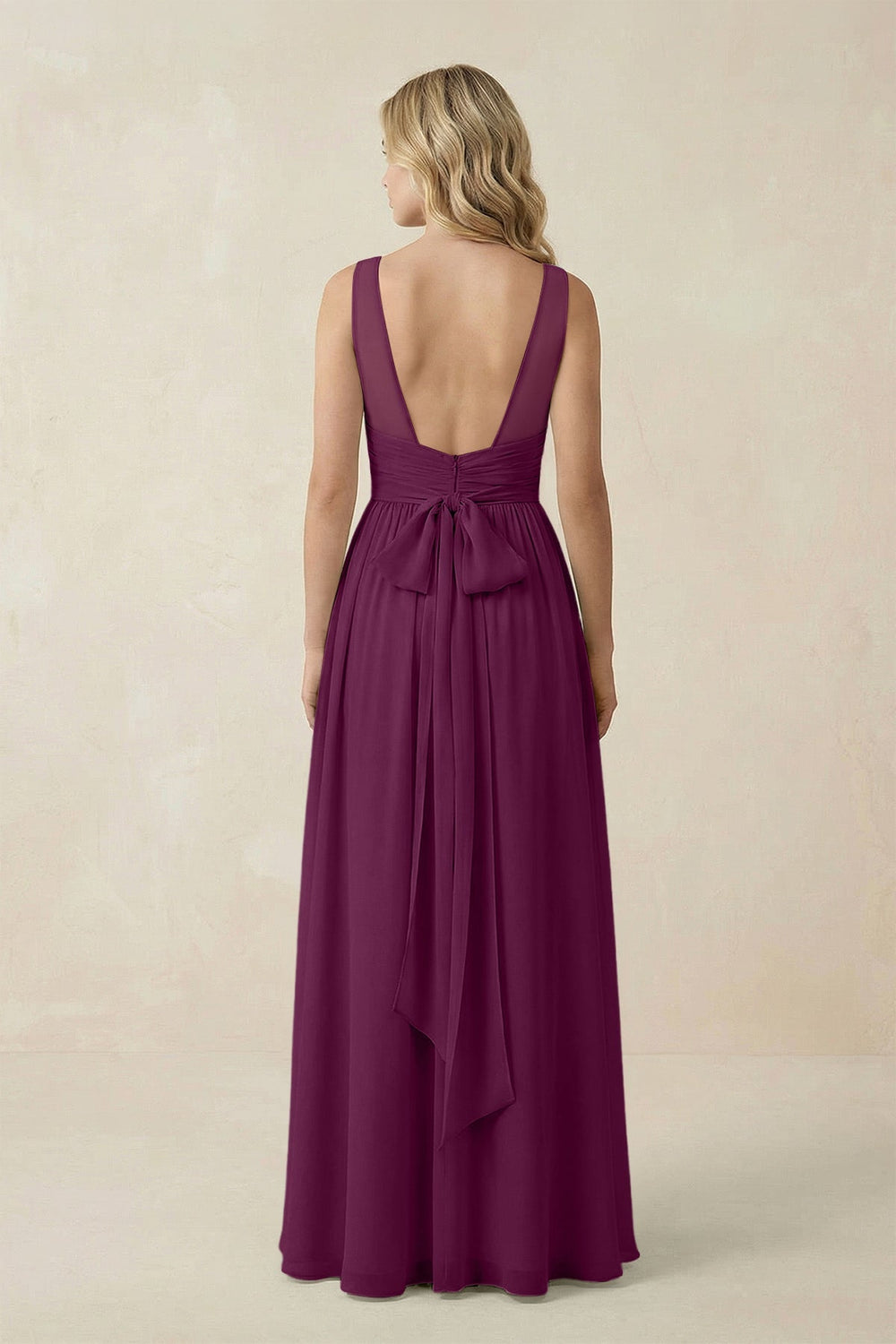 V - Neck A - Line Bridesmaid Dress with Back Bow in Fig - SHE IS ME Bridesmaid Dresses