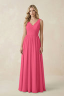 V - Neck A - Line Bridesmaid Dress with Back Bow in Fuchsia - SHE IS ME Bridesmaid Dresses