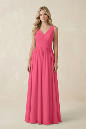 V - Neck A - Line Bridesmaid Dress with Back Bow in Fuchsia - SHE IS ME Bridesmaid Dresses