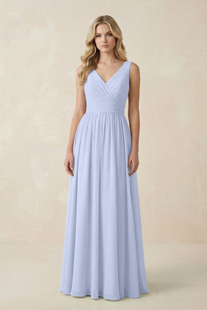 V - Neck A - Line Bridesmaid Dress with Back Bow in Ice - SHE IS ME Bridesmaid Dresses
