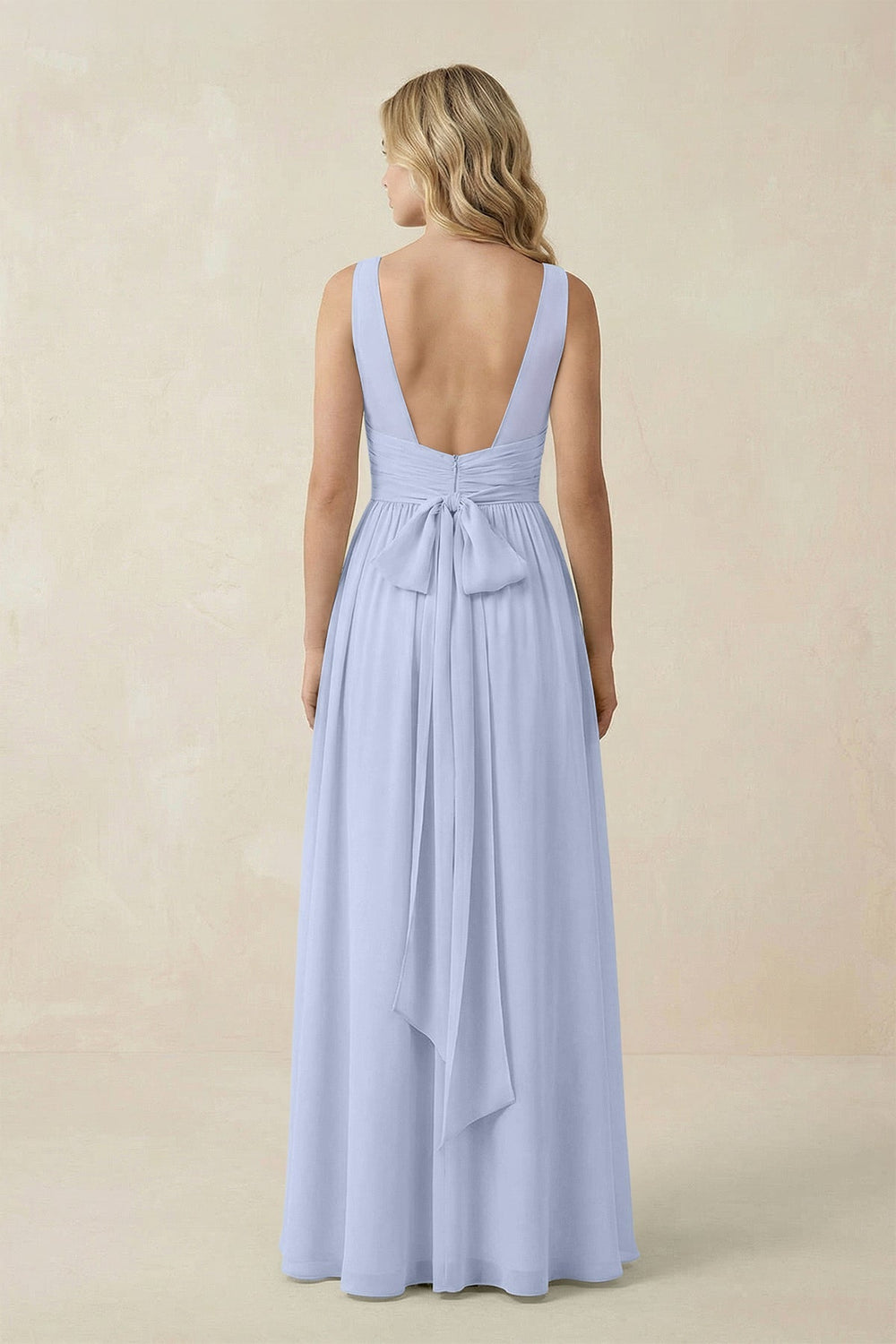 V - Neck A - Line Bridesmaid Dress with Back Bow in Ice - SHE IS ME Bridesmaid Dresses