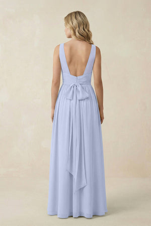 V - Neck A - Line Bridesmaid Dress with Back Bow in Ice - SHE IS ME Bridesmaid Dresses
