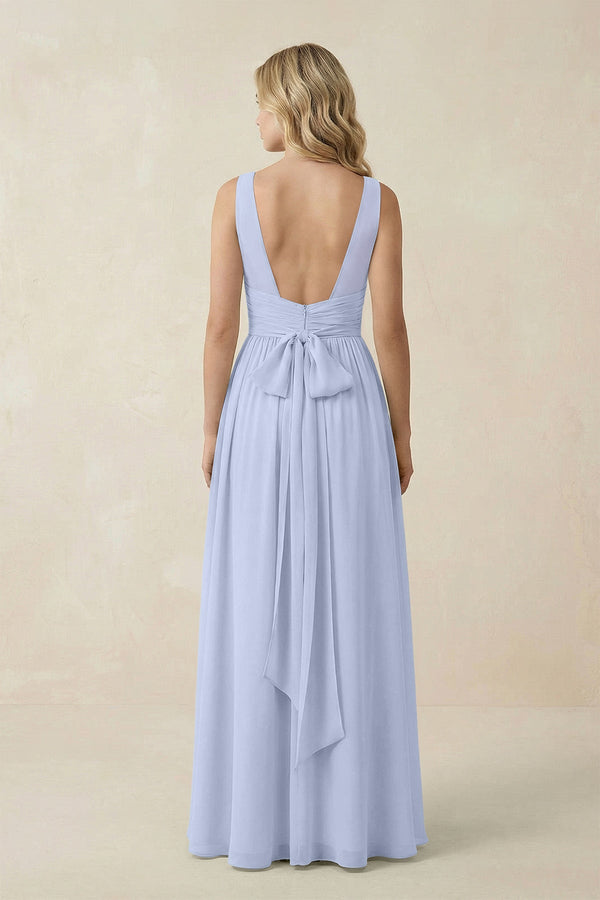 V - Neck A - Line Bridesmaid Dress with Back Bow in Ice - SHE IS ME Bridesmaid Dresses