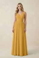 V - Neck A - Line Bridesmaid Dress with Back Bow in Marigold - SHE IS ME Bridesmaid Dresses