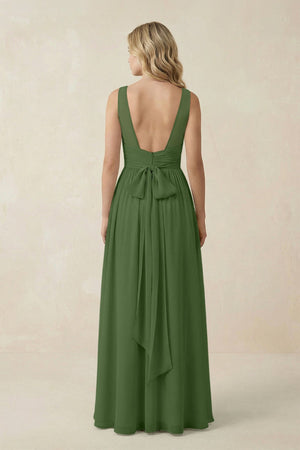 V - Neck A - Line Bridesmaid Dress with Back Bow in Moss - SHE IS ME Bridesmaid Dresses