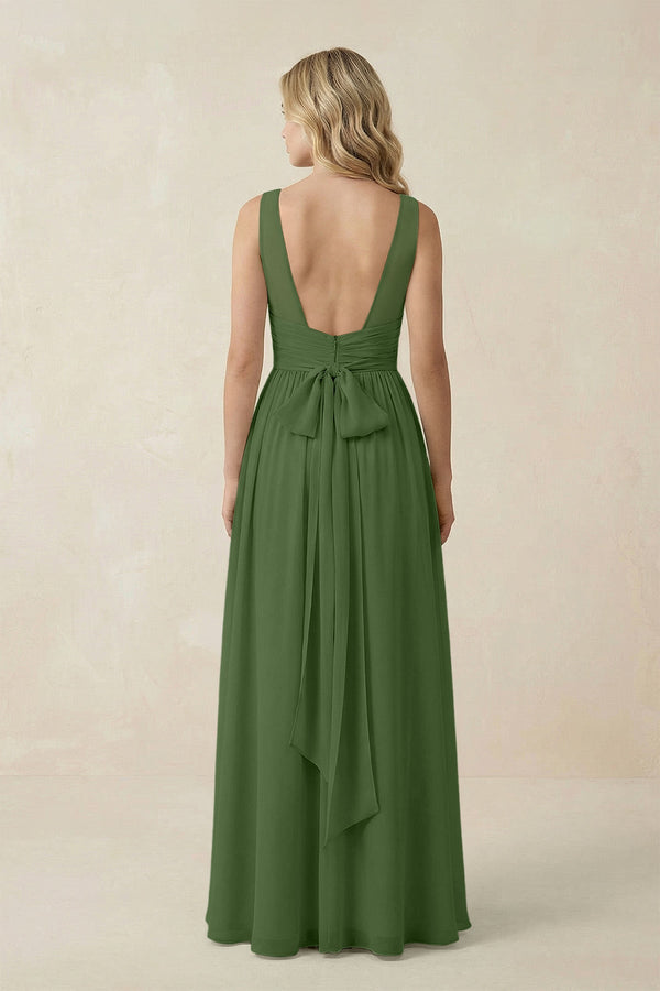 V - Neck A - Line Bridesmaid Dress with Back Bow in Moss - SHE IS ME Bridesmaid Dresses