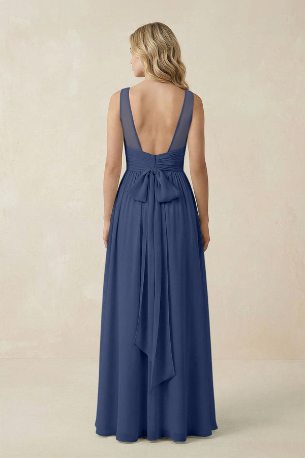 V - Neck A - Line Bridesmaid Dress with Back Bow in Navy - SHE IS ME Bridesmaid Dresses