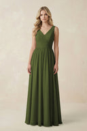 V - Neck A - Line Bridesmaid Dress with Back Bow in Olive - SHE IS ME Bridesmaid Dresses