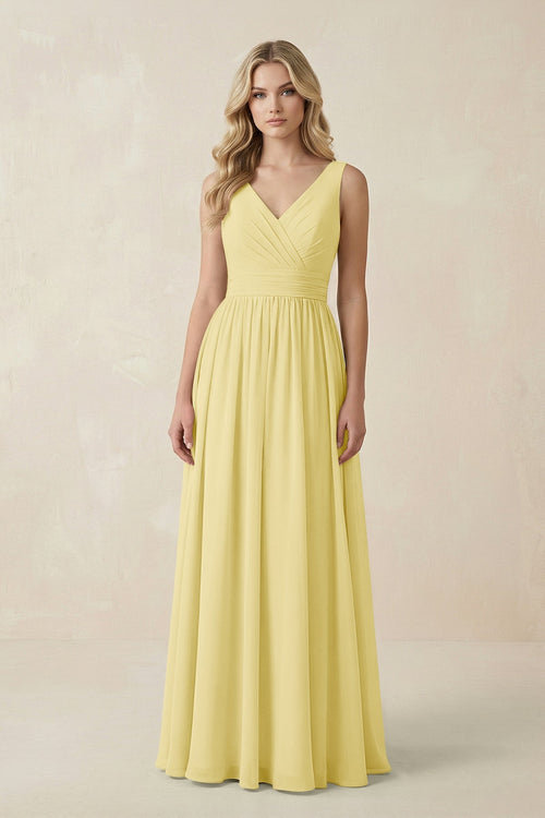 V - Neck A - Line Bridesmaid Dress with Back Bow in Pastel Yellow - SHE IS ME Bridesmaid Dresses