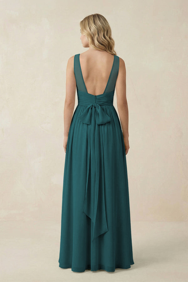 V - Neck A - Line Bridesmaid Dress with Back Bow in Pine - SHE IS ME Bridesmaid Dresses
