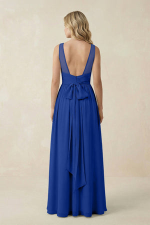 V - Neck A - Line Bridesmaid Dress with Back Bow in Royal Blue - SHE IS ME Bridesmaid Dresses
