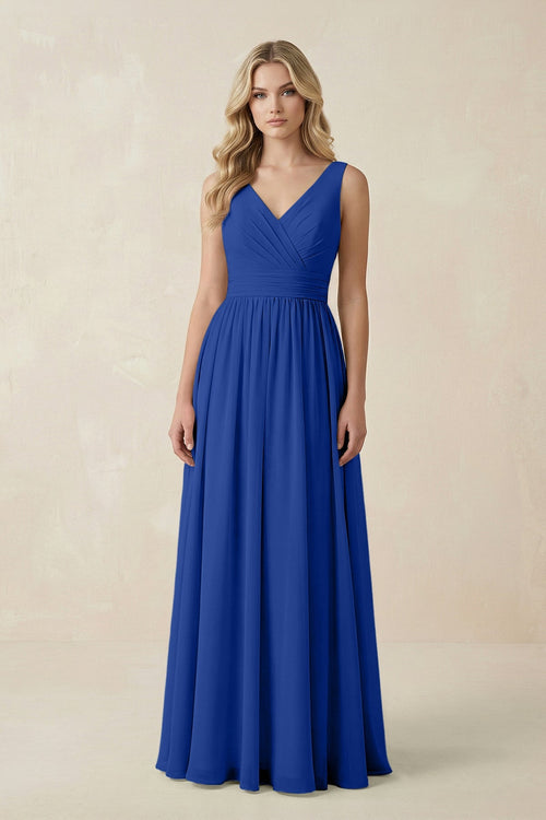 V - Neck A - Line Bridesmaid Dress with Back Bow in Royal Blue - SHE IS ME Bridesmaid Dresses