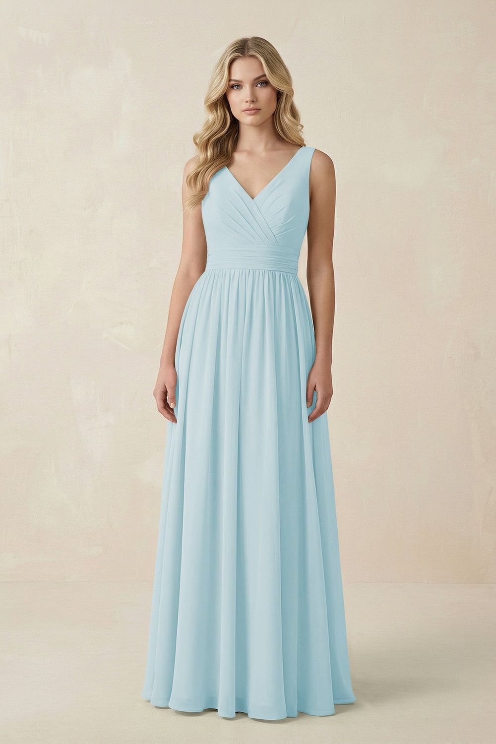 V - Neck A - Line Bridesmaid Dress with Back Bow in Sky Blue - SHE IS ME Bridesmaid Dresses