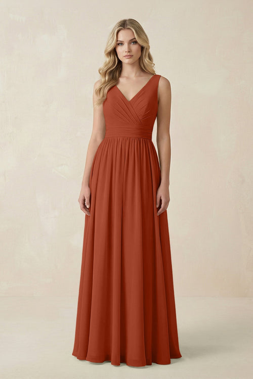 V - Neck A - Line Bridesmaid Dress with Back Bow in Spice - SHE IS ME Bridesmaid Dresses