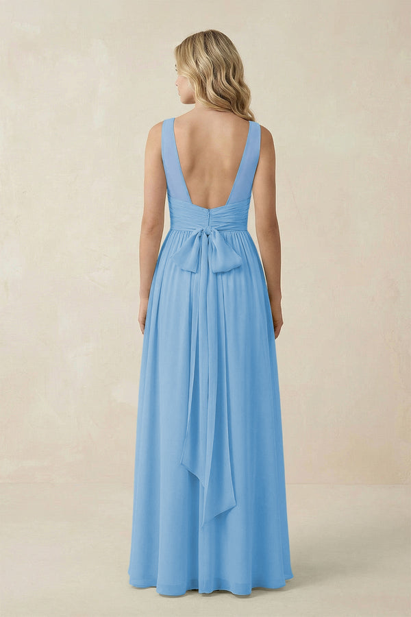V - Neck A - Line Bridesmaid Dress with Back Bow in Steel Blue - SHE IS ME Bridesmaid Dresses