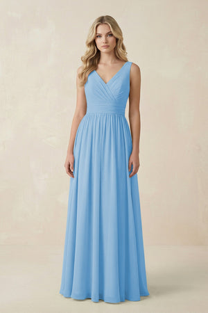 V - Neck A - Line Bridesmaid Dress with Back Bow in Steel Blue - SHE IS ME Bridesmaid Dresses