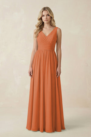 V - Neck A - Line Bridesmaid Dress with Back Bow in Terracotta - SHE IS ME Bridesmaid Dresses