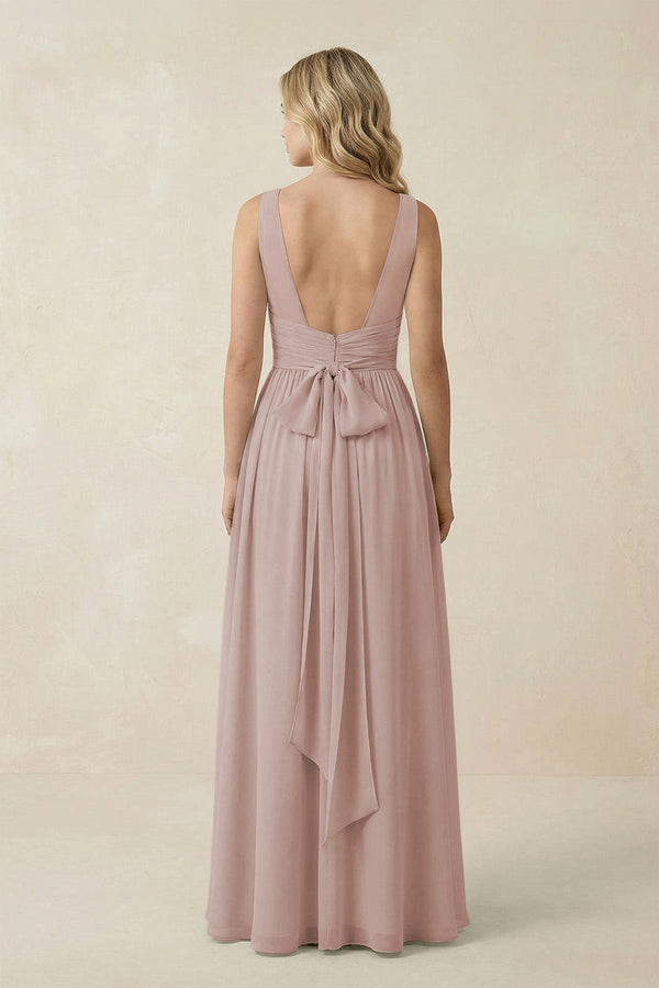 V - Neck A - Line Bridesmaid Dress with Back Bow in Toffee - SHE IS ME Bridesmaid Dresses