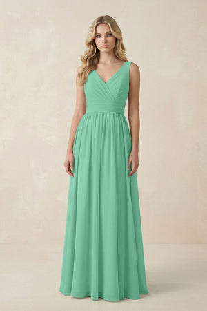 V - Neck A - Line Bridesmaid Dress with Back Bow in Turquoise - SHE IS ME Bridesmaid Dresses