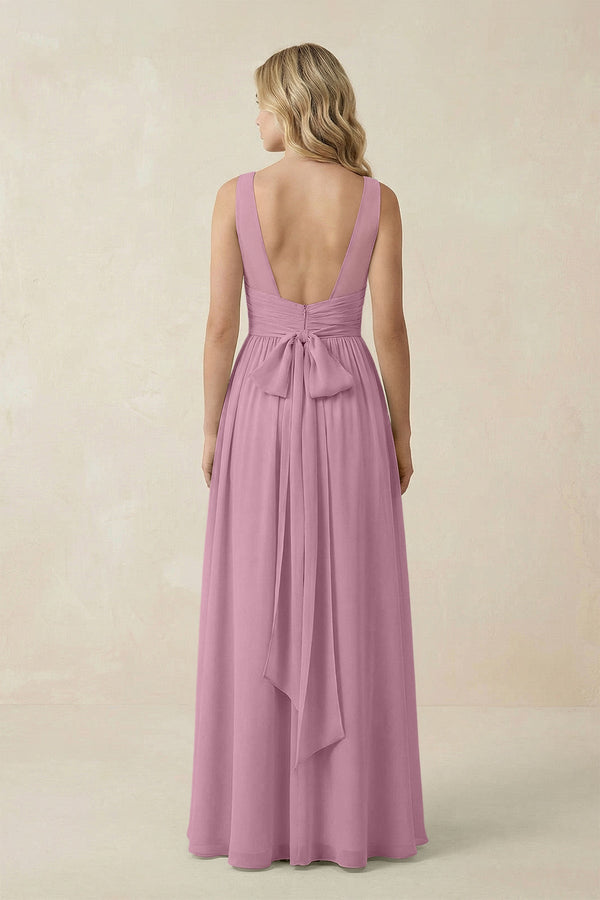V - Neck A - Line Bridesmaid Dress with Back Bow in Vintage Mauve - SHE IS ME Bridesmaid Dresses