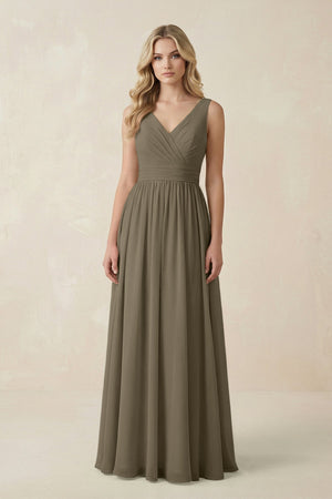 V - Neck A - Line Bridesmaid Dress with Back Bow in Willow Green - SHE IS ME Bridesmaid Dresses